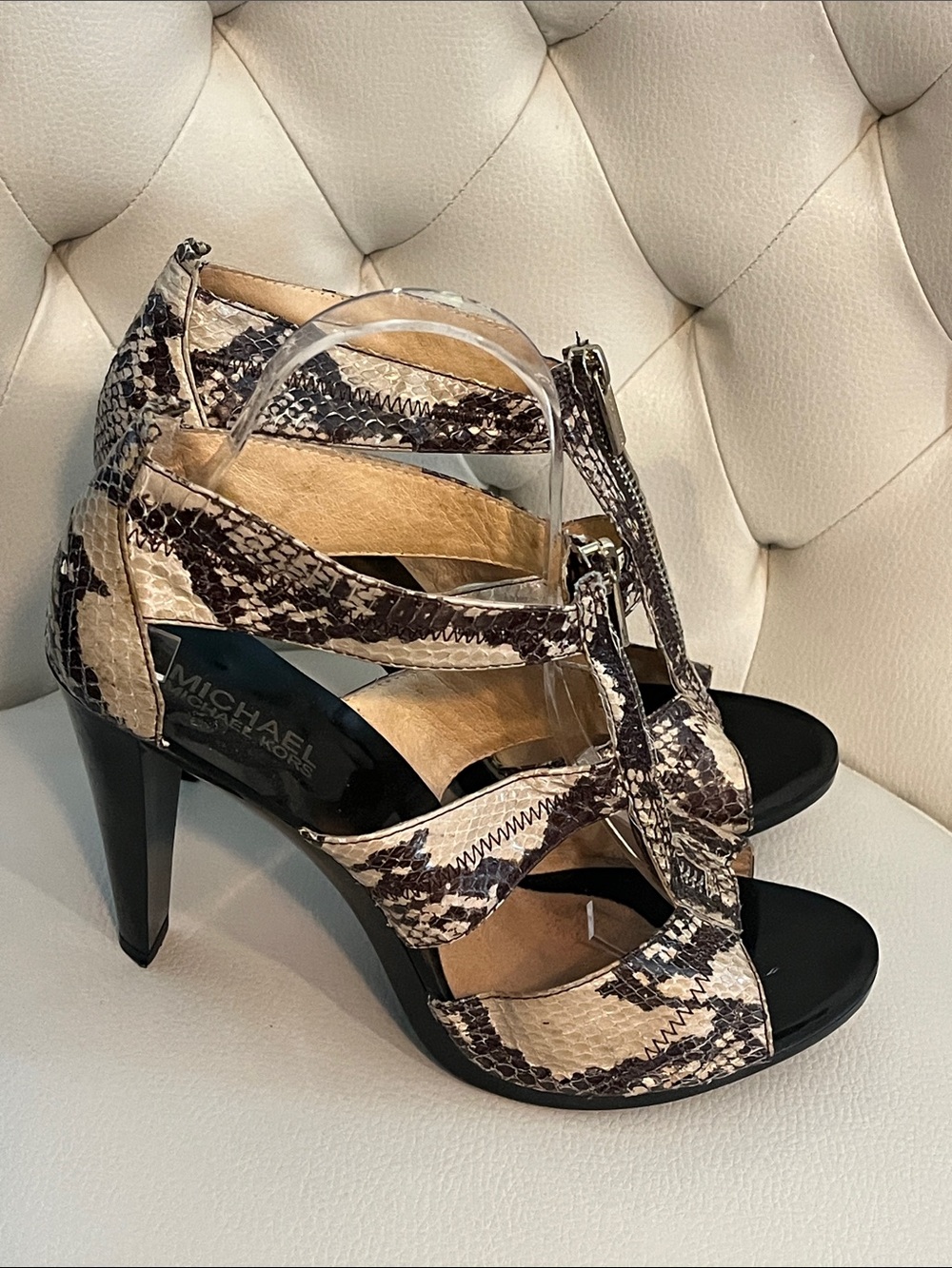 Michael Kors Beige and Black Snake Print Zippered High Heel Sandals - Picture 2 of 10